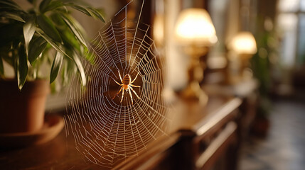 Spiders illuminated web in warm room
