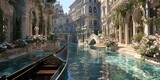 Venetian canal scene with gondola, ornate buildings, and lush vegetation.  A picturesque, sun-drenched waterway lined with beautiful, old-world architecture.
