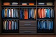 © Shikha Arts - Modern dark wooden walk-in wardrobe with clothes hanging on rods, shelves, and drawers, offering ample space for storing and organizing. Luxury interior design for a walk-in closet, Generative AI