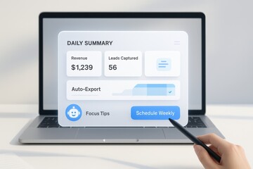 Business Performance Dashboard Showing Daily Revenue, Leads, and Export Options
