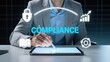 © Stocks Buddy - A businessman holding pen on glowing tablet showing COMPLIANCE with surrounding holographic icons, terms and conditions, User Agreement, Privacy Policy