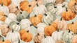 © yendisupiandi - Watercolor illustration of assorted pumpkins in various colors creating a pattern for fall harvest