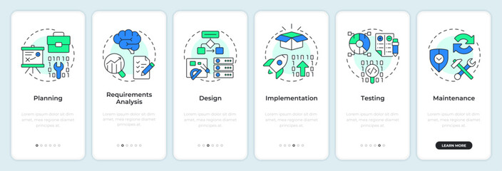 Wall Mural - software development stages onboarding mobile app screen. walkthrough 6 steps editable graphic instr
