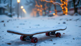A skateboard covered in snow, resting on a winter street illuminated by warm lights in the background.