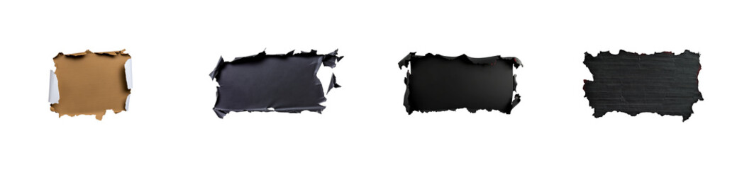 Wall Mural - four diverse torn paper edges against a black void, cut out transparent