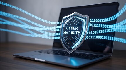 Laptop screen displays cyber security shield with flowing binary code computer