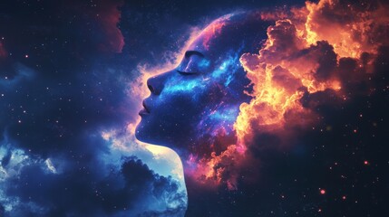 Wall Mural - A woman's face, formed from clouds and fire, with a night sky background.