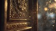 © nurhikmah - Ornate dark brown wooden panel with gold detailing, set against a bokeh background of glittering gold dust and out-of-focus lights