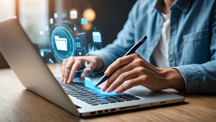 Data management on laptop with futuristic interface and modern technology