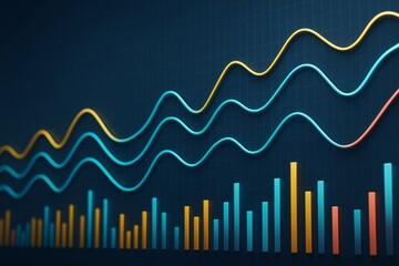 Wall Mural - colorful business data analysis chart with wavy lines and bar graphs on dark background for abstract