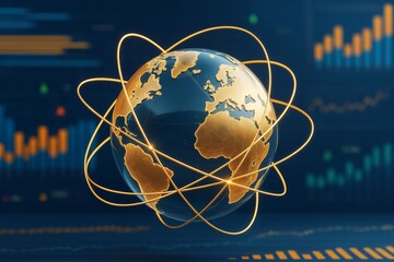 Wall Mural - golden globe with orbiting light trails on digital business background illustrating global economy a