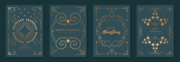 Wall Mural - Christmas greeting card vector set. Happy new year poster template with gold line christmas tree, leaves, art deco frame on navy blue background. Design for season holidays, cover, Happy New Year. 
