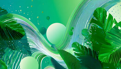Vibrant abstract background with swirling green lines, tropical leaves, and glowing spheres image photo