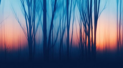 Wall Mural - ethereal twilight in a tranquil forest with silhouetted trees against a vibrant sunset backdrop