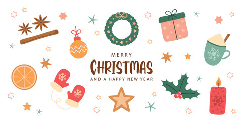 Wall Mural - cute christmas greeting card with decoration winter elements isolated vector illustration