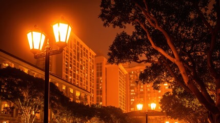 Wall Mural - urban evening scene showcasing illuminated street lamps with buildings in the background under a haz