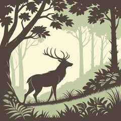 Naklejka na meble Wild deer vector silhouette with large antlers, forest wildlife theme
