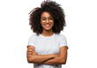 © AHMMAD - Smiling young woman with curly hair wearing a white t shirt