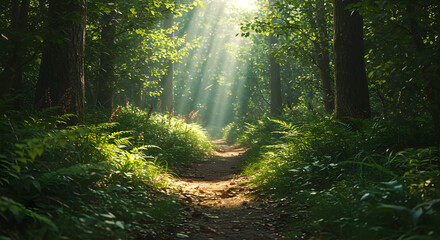  Pathway to the Light: A sunlit path winds through a vibrant forest, bathed in the ethereal glow of sunbeams. Capturing the beauty and serenity of nature's embrace.