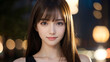 © 信介 辻 - A Japanese woman with long hair smiling gently in the city at night. Generative AI