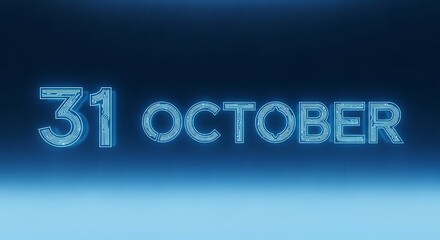 Wall Mural - a digital display showing the date thirty first of october in glowing blue neon circuit style letter