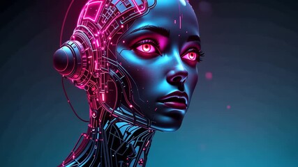 Futuristic female humanoid android with metallic pink and blue skin glowing in neon lights on dark background. Concept of artificial intelligence and robotics