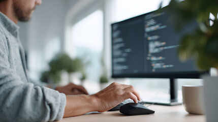 Focused shot of a programmer coding at a desk. The computer screen displays code. Modern, clean aesthetic. Represents innovation, technology, and digital expertise.