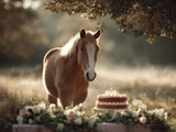 Golden pony with a birthday cake in a sunlit meadow. Dreamy, whimsical scene evokes innocence and magic. Perfect for childrens books, celebrations, or fantasy themes.