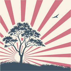 vector graphic illustration of a tree silhouette against a backdrop of rising red sunbeams on a crea