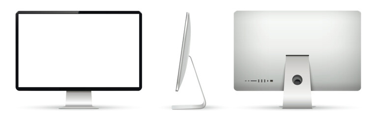 Wall Mural - realistic computer on three sides with blank screen. front, side and back view of computer display.