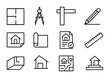 © May - Architectural Icons Grid. Outline icon set of architectural blueprints and tools: floorplan, compass, T-square