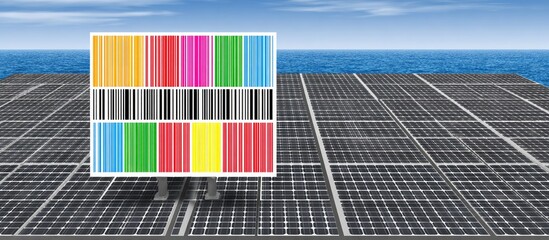 Colorful barcodes displayed over a large array of solar panels