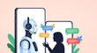 © DNA STUDIO - A stylized illustration depicts a robot with headphones communicating with a human silhouette via chat bubbles on smartphones symbolizing AI-powered customer service and digital conversation