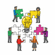 © Agus - Team collaboratively builds bright idea, assembling puzzle pieces around illuminated lightbulb for innovation