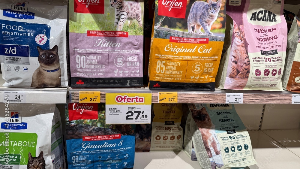 Cat Store Menu pet shop. Cat food products displayed on supermarket shelf, showcasing ...