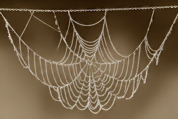 A large, intricate spiderweb, covered in glistening dew or frost, hangs against a muted brown background