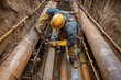 © evgenia_lo - Craftsman expertly welds pipes in a tight trench, managing limited space and difficult conditions