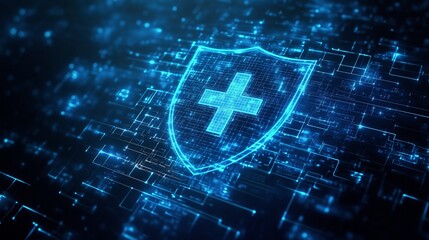 Wall Mural - digital technology featuring a blue shield symbolizing cybersecurity and data protection in a virtua