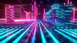 © Visionary Vistas - 3D rendered futuristic computing circuit with glowing cyan and magenta stacks, bright particle beams crossing over a neon-lit motherboard .