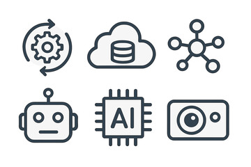 Wall Mural - Various technology icons representing artificial intelligence, data processing, and automation concepts with simple designs