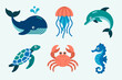 © BlackVault Designs - Sea life icon set, whale dolphin jellyfish turtle crab seahorse vector, ocean animals illustration, marine wildlife clipart, aquarium theme design