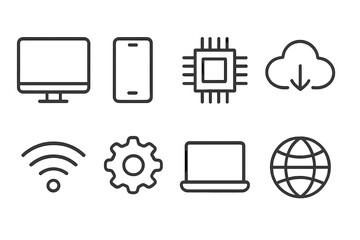 Wall Mural - Various technology icons representing digital devices, internet connectivity, and computing processes displayed on a clean background