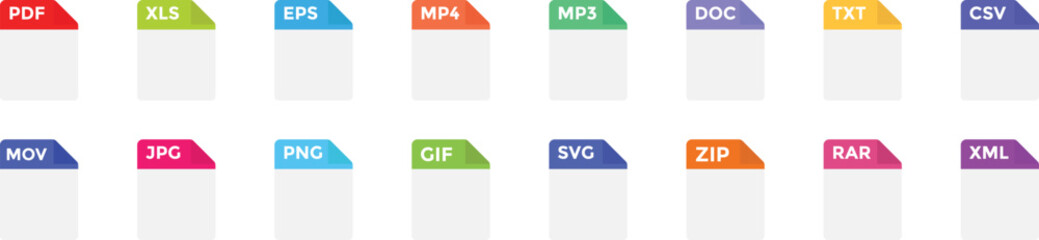 file format icons set. Set of pdf, doc, mp3, mp4, eps, png, html, txtweb format information. File symbols collection. multimedia data symbols. File types with document extension
