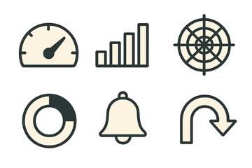Minimalist icons depicting various user interface elements and data visualization concepts on a simple background
