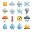 © Anton - 3d weather icons set featuring sun, cloud, rain, snowflake, wind, tornado, umbrella, thermometer, and clock