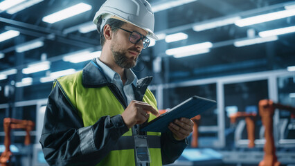 Thoughtful Caucasian Male Engineer Walking with a Tablet Computer, Monitoring Conditions at an Automated Industrial Machinery Assembly Line with Robot Hands Powered By Artificial Intelligence.