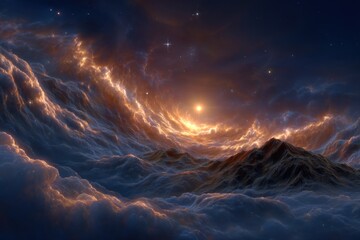Wall Mural - Dramatic Nebula Landscape with Celestial Light and Wispy Clouds in Space