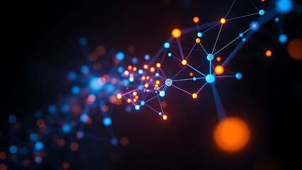 Abstract network of glowing nodes and connections in blue and orange floating in space.