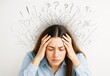 © Pixels Hunter - Stressed woman holding head with chaotic scribbles and question marks above, symbolizing mental overload and confusion on light background.