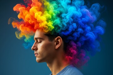 Wall Mural - man with eyes closed surrounded by colorful abstract smoke in rainbow shades forming hair-like patte